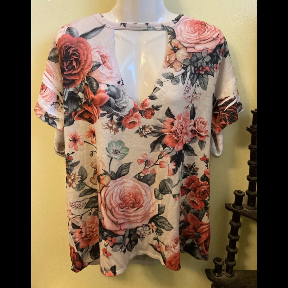 Blush shirt with V neck, Beautiful Roses motif, size 2X